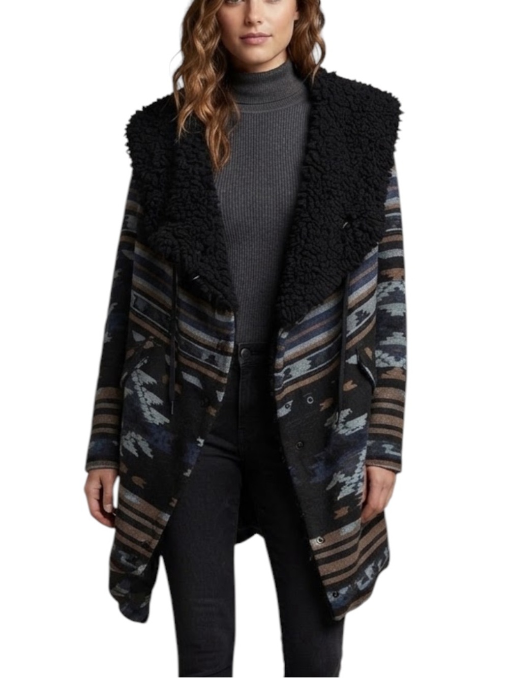 BB Dakota Southwestern Aztec Blanket Coat Faux Sherpa Collar Jacket Boho